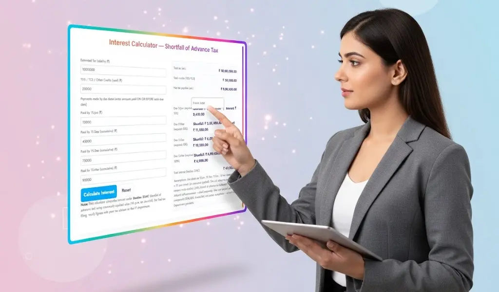 Section 234C Interest Calculator interface for calculating advance tax shortfall, due-date interest, and 234C instalment interest