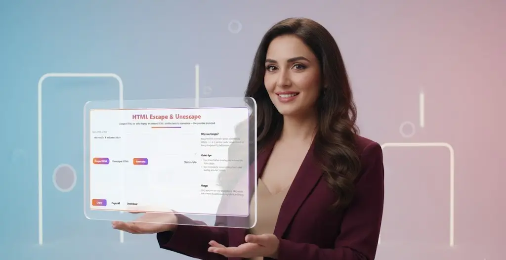 Professional woman presenting a hologram of the URL Encoder & Decoder tool interface, emphasizing its utility and ease of use.