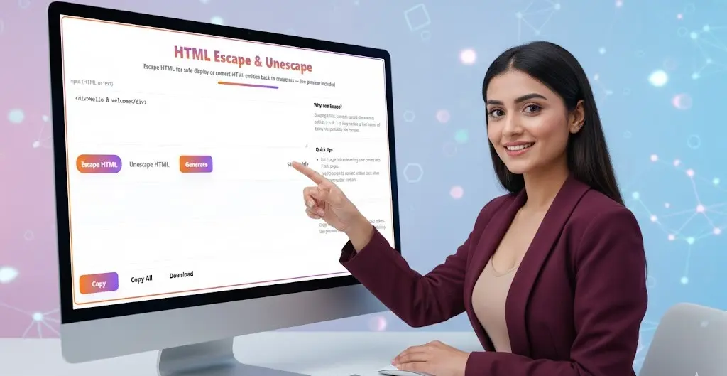 Professional woman pointing to the URL Encoder & Decoder tool on a computer screen, demonstrating the utility for quick encoding and decoding of web links.