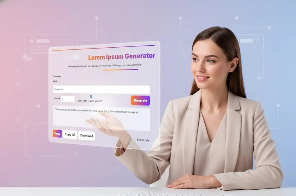 Designer pointing at the Lorem Ipsum Generator on a large display
