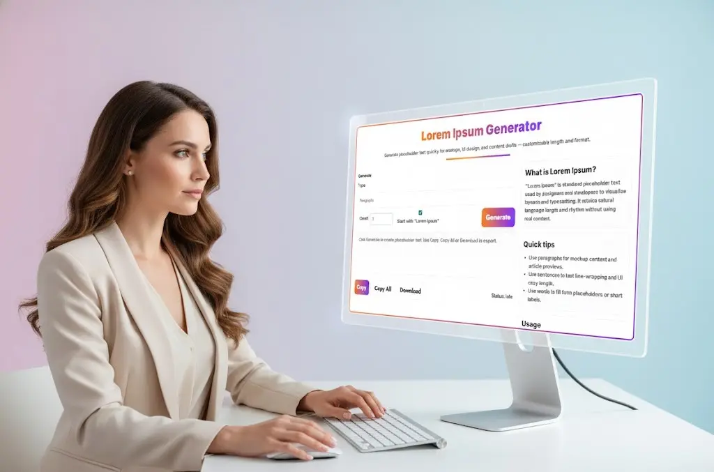 Woman presenting the Toolsuite Lorem Ipsum Generator tool on a computer screen