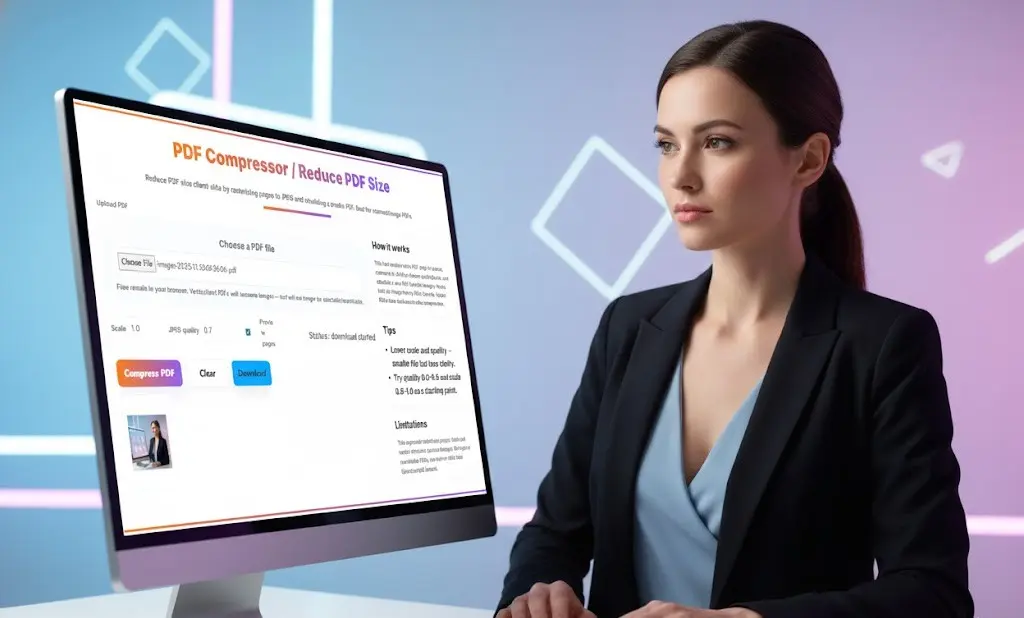 Professional woman pointing to the PDF Compressor tool on a monitor screen.