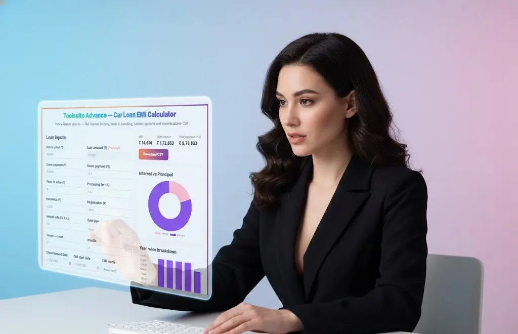 Car Loan EMI Calculator 1 Toolsuite Advance — Car Loan EMI Calculator with accurate EMI results, interest breakdown charts and complete repayment schedule.