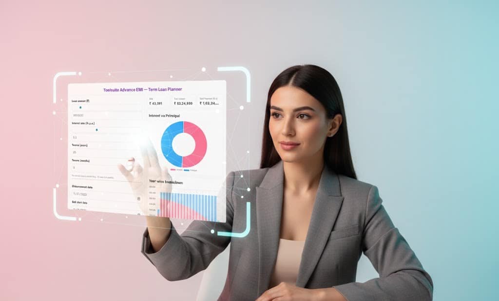 Professional woman using an advanced term loan EMI calculator with graphical interest and principal breakdown
