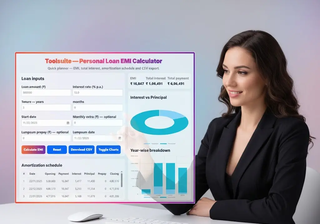 Personal Loan EMI Calculator 1 personal loan emi calculator dashboard include input field and output illustration