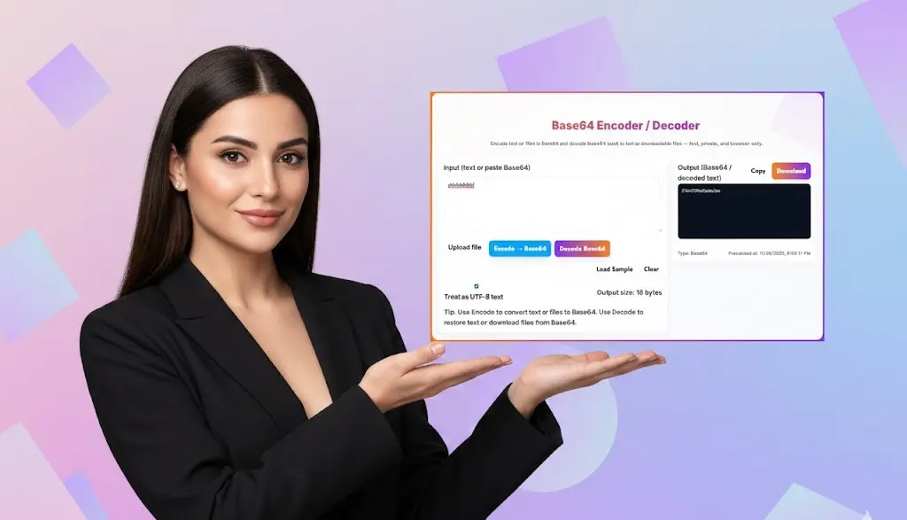 Free Base64 converter for encoding text, decoding Base64, and downloading output securely