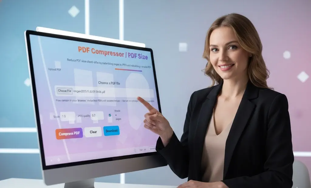 Image of a professional using a PDF size reducer tool on a modern computer display.