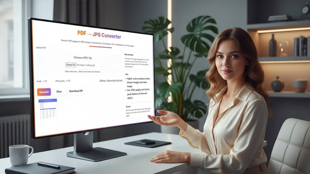 Elegant woman demonstrating a user-friendly JPG to PDF converter interface in a clean digital workspace.