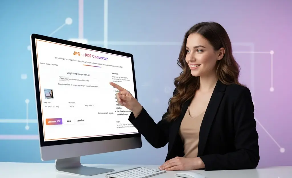 JPG To PDF Converter 1 Professional woman highlighting a JPG to PDF converter interface with drag and drop functionality on a modern digital workspace.