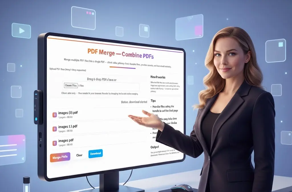 Professional woman in stylish attire demonstrating the user interface of the PDF Merger application on a large modern screen.