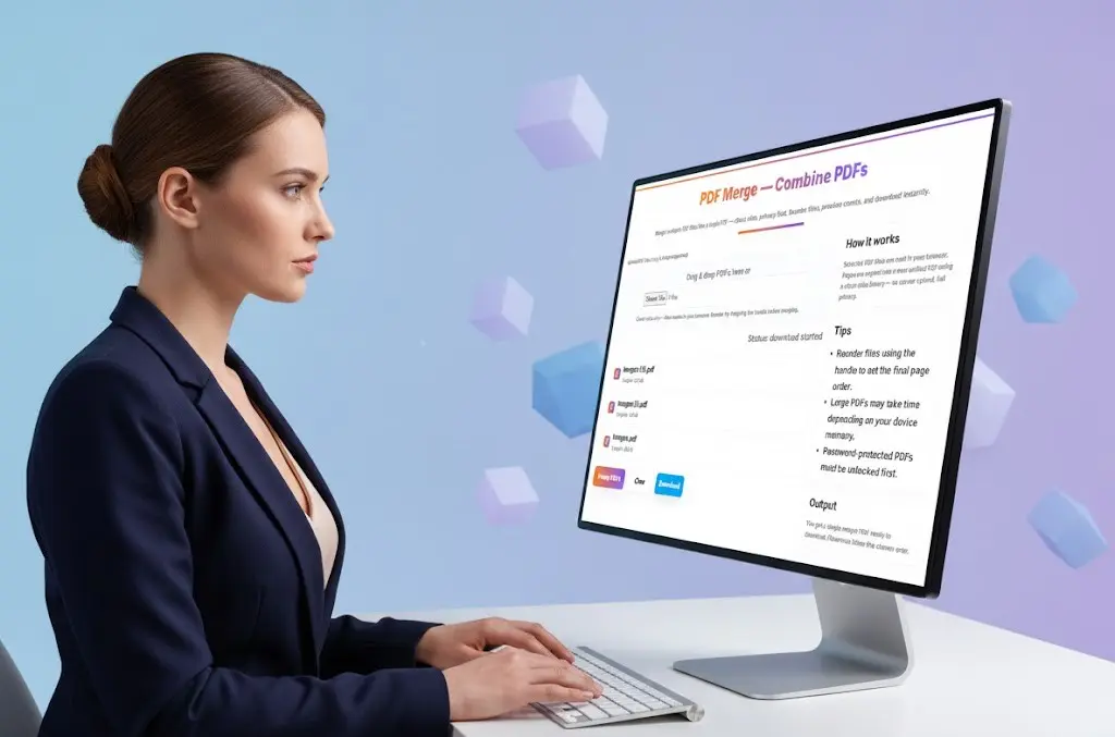Professional woman using the features of an online PDF Merge tool for combining documents.