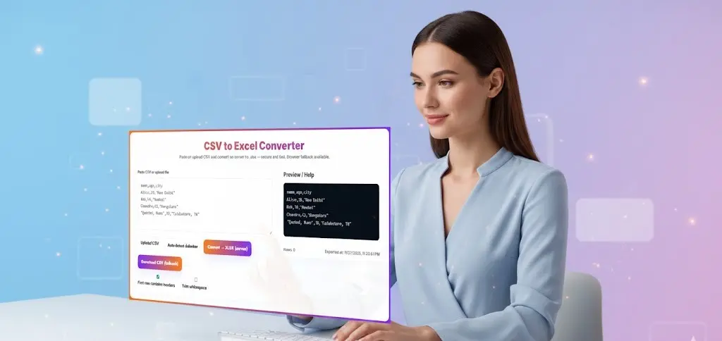Browser-based CSV to Excel converter showing CSV input and XLSX output preview