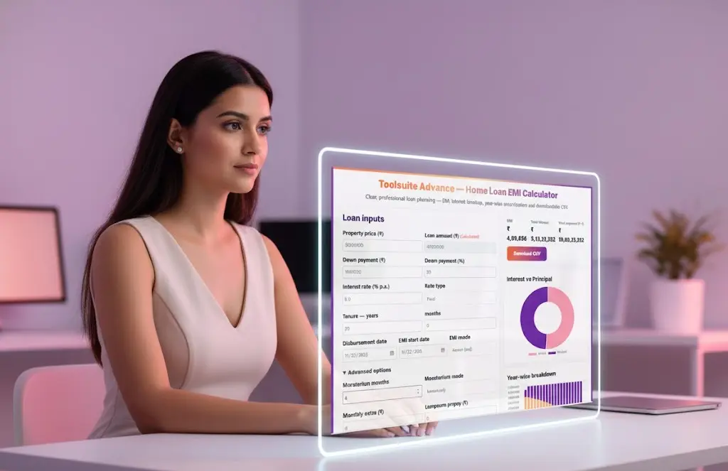 Home Loan EMI Calculator showing EMI result, interest vs principal chart, year-wise breakdown and loan input fields for property price, down payment and interest rate
