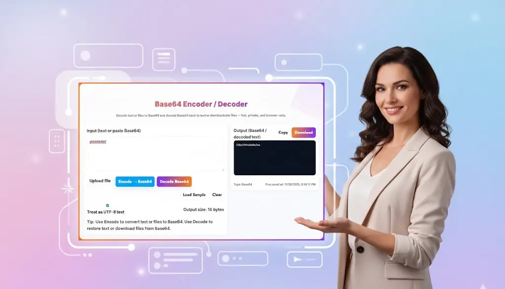 Toolsuite Base64 encode and decode tool with gradient UI and instant browser-based conversion