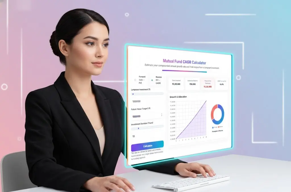 Mutual Fund CAGR Calculator 3 Online tool to compute CAGR using investment amount, period and final value with gradient charts and visual breakdown