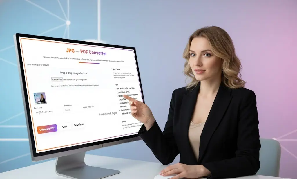 JPG To PDF Converter 3 Young professional woman showcasing an online JPG to PDF file converter application for efficient image to PDF conversion.