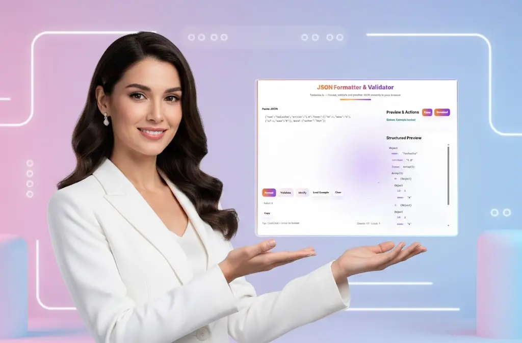 Business woman holding a floating screen preview of the JSON Formatter tool