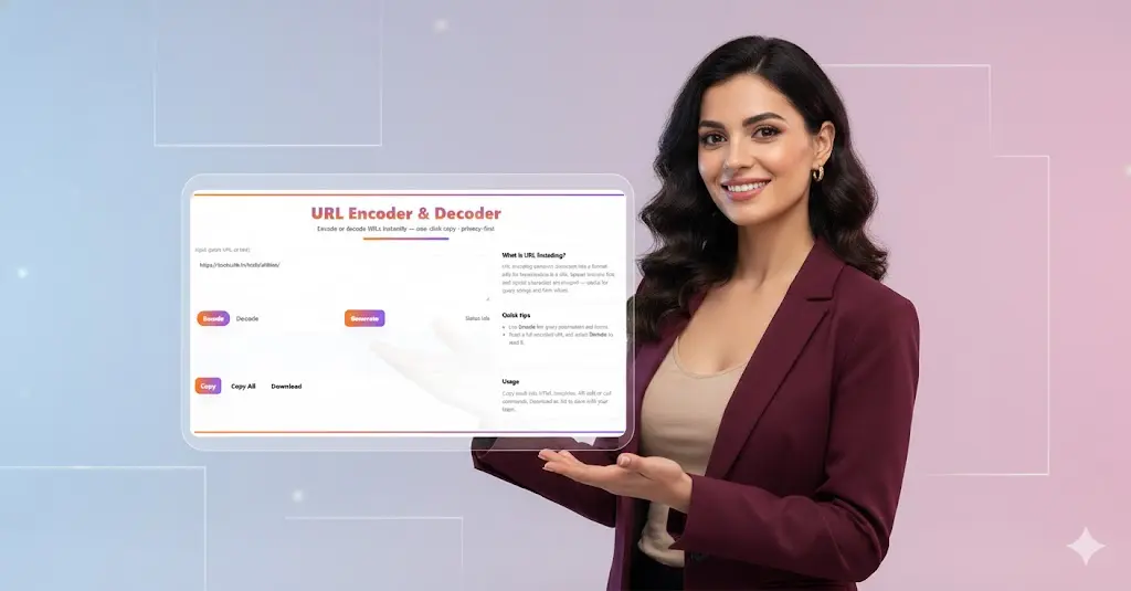 Professional woman showcasing the efficiency of the free online encoder decoder tool, perfect for web development and marketing tasks.