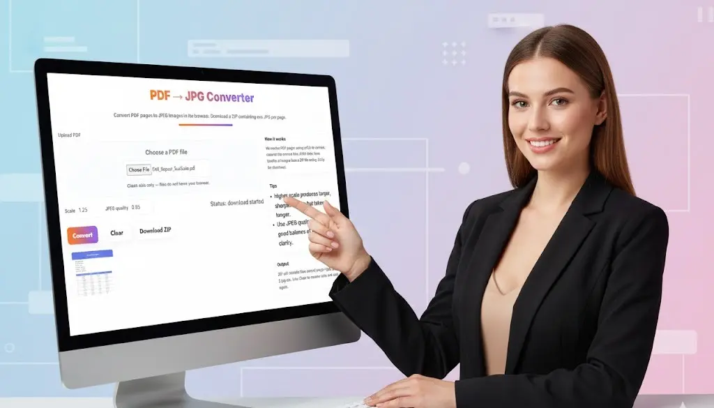 A woman in business attire stands next to a monitor displaying the drag-and-drop interface of a JPG to PDF converter tool.