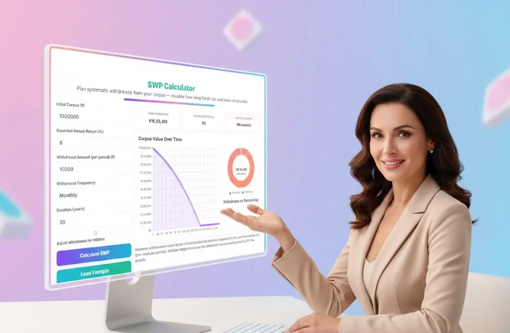 A woman using her laptop while viewing the SWP calculator on the screen, displaying gradient results, charts and mutual fund withdrawal projections on ToolSuite