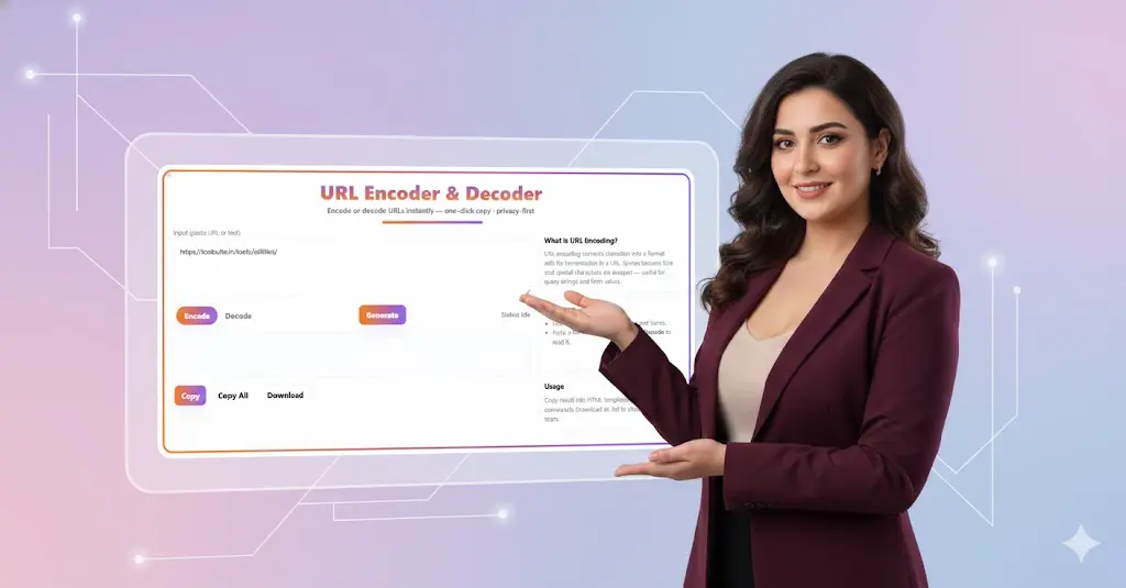 Woman presenting the URL Encoder Decoder tool interface, emphasizing the speed and privacy of the free online utility.