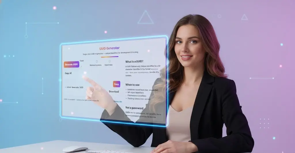 Female professional using a browser-based UUID Generator on desktop