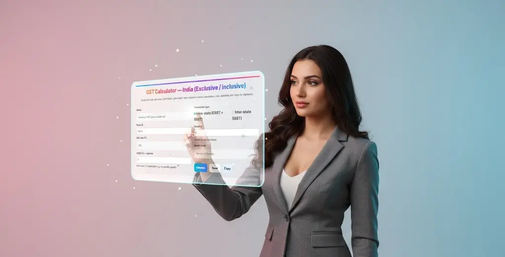 clean digital workspace, glowing interface of GST calculator India