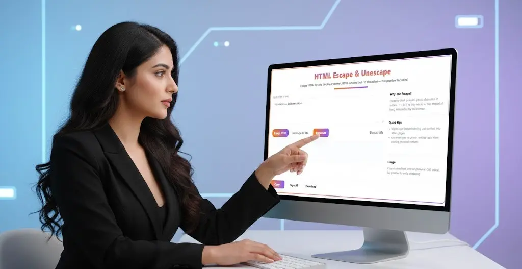 Professional woman pointing to the HTML Escape and Unescape tool interface on a desktop monitor, demonstrating its use for securing web code.