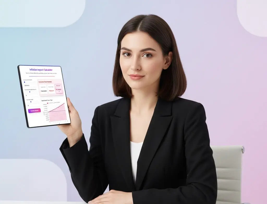 Woman in black blazer holding a tablet that displays an Inflation Calculator and cost growth chart.