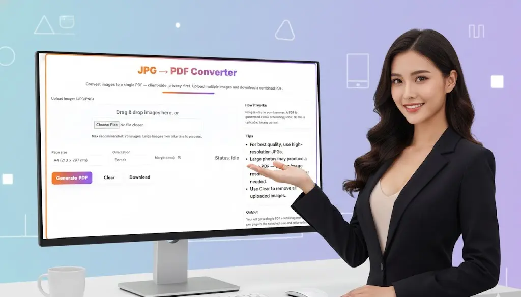JPG To PDF Converter 2 Elegant woman demonstrating a user-friendly JPG to PDF conversion tool for easy document creation on a large monitor.