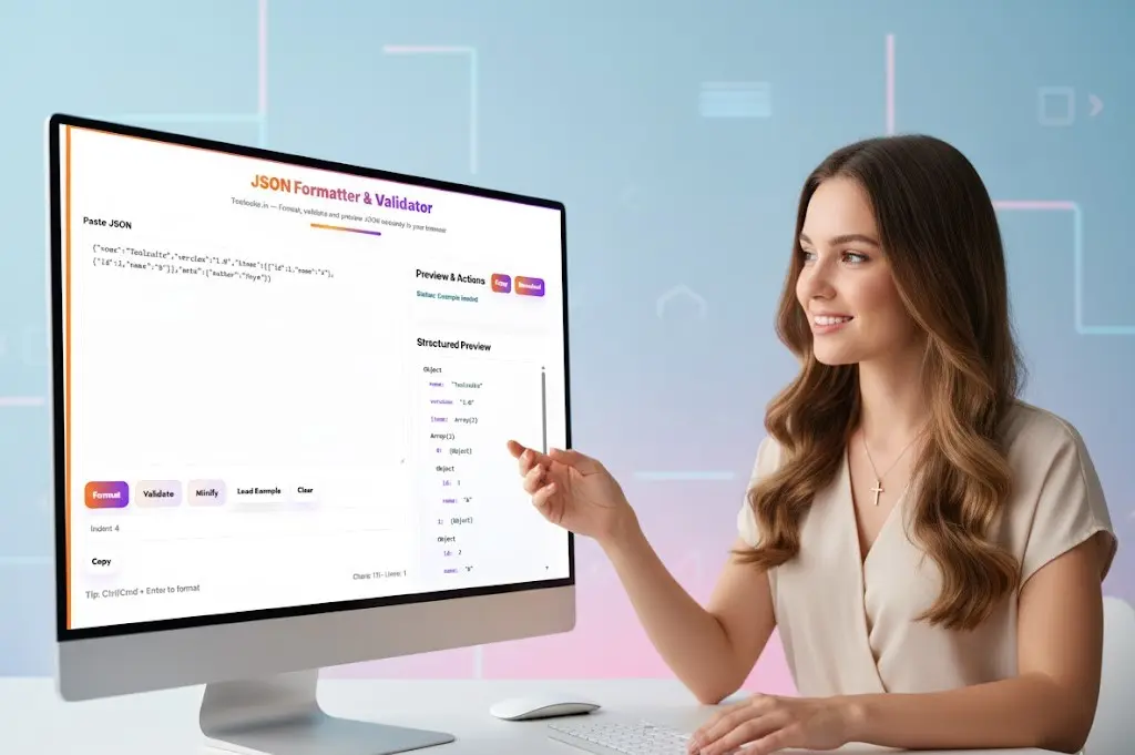 User demonstrating the JSON Formatter & Validator interface with a modern gradient background