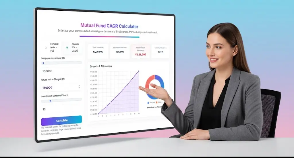 Mutual Fund CAGR Calculator 2 Interactive CAGR calculator showing annualised return, future value and graphical investment growth for mutual funds