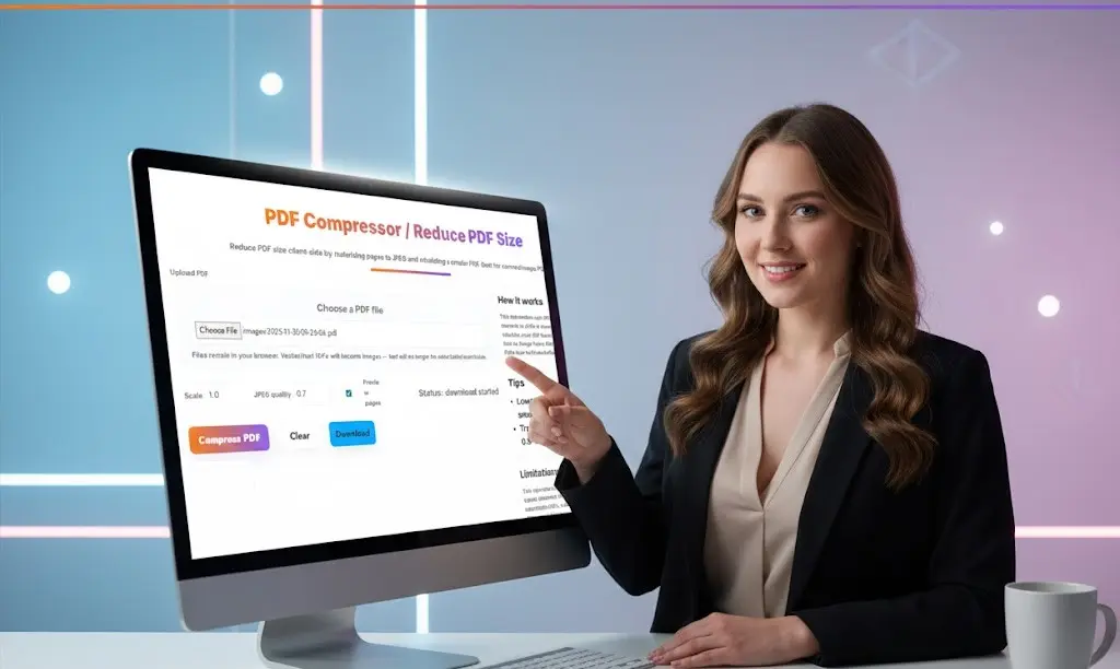 Photo of a professional woman near a monitor showing the full web page for PDF Compressor