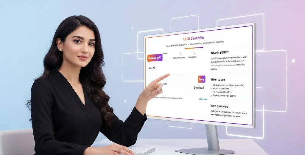 Professional woman demonstrating the UUID Generator interface on Toolsuite.in