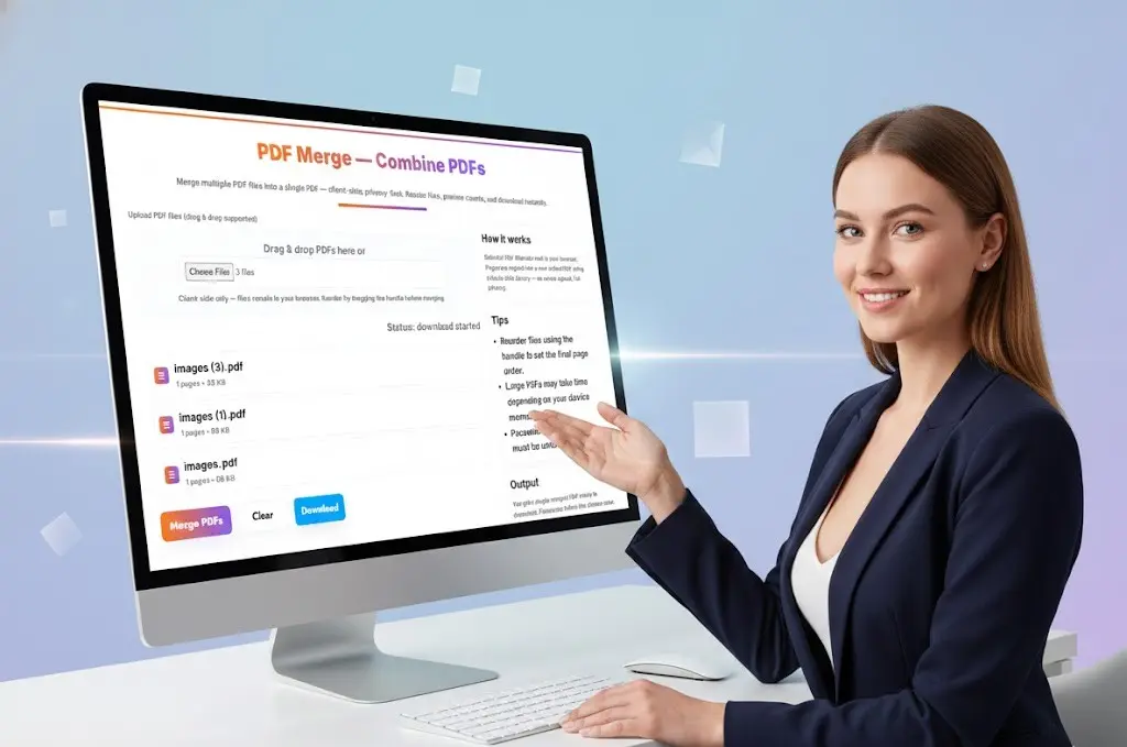 Elegant young woman presenting the clean, minimalist design of the PDF Merging software with a soft gradient background.