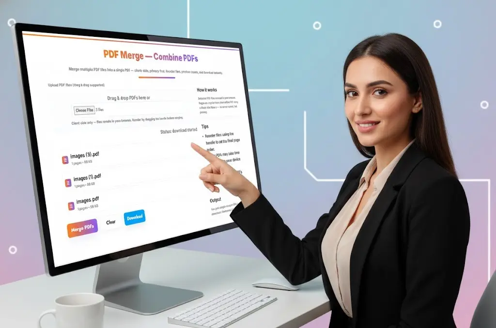 Expert woman explaining how to use the online PDF document merger utility on her high-tech computer monitor.