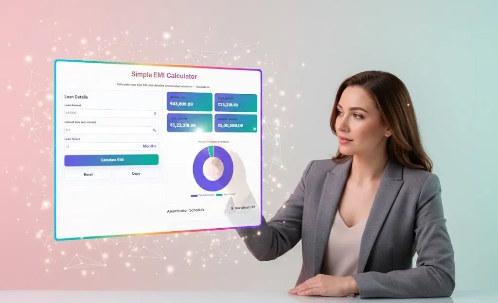 Simple EMI Calculator 1 Simple EMI Calculator interface showing loan amount, interest rate, EMI results, and amortization schedule