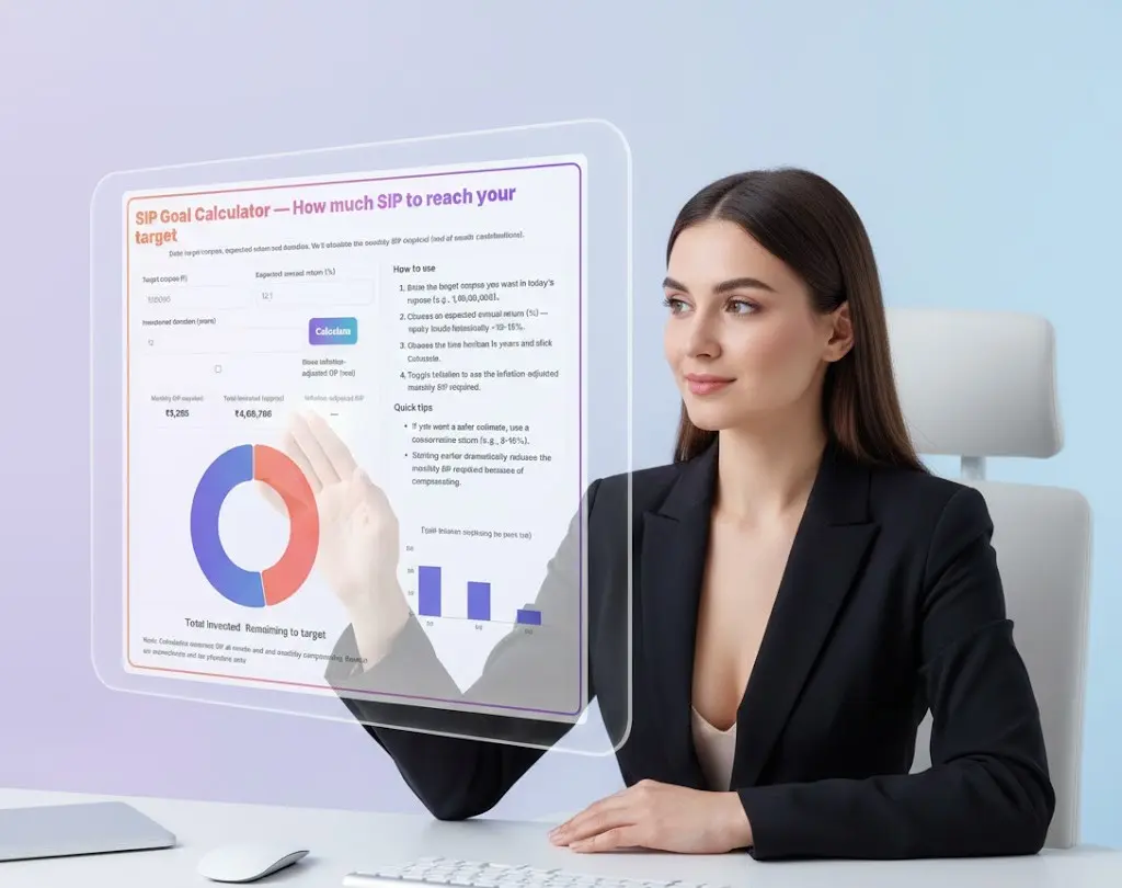 SIP Goal Calculator interface showing target amount, expected return and required SIP value.