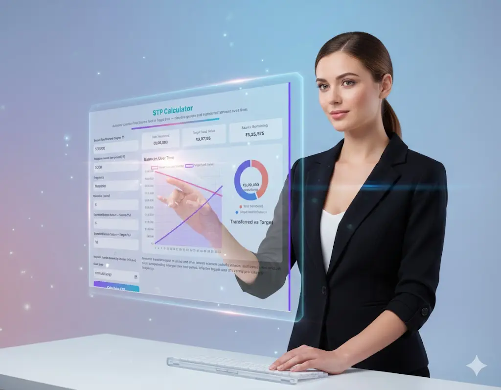 STP Calculator 2 STP calculator dashboard with donut chart and line graph displaying total transferred amount and target fund returns.
