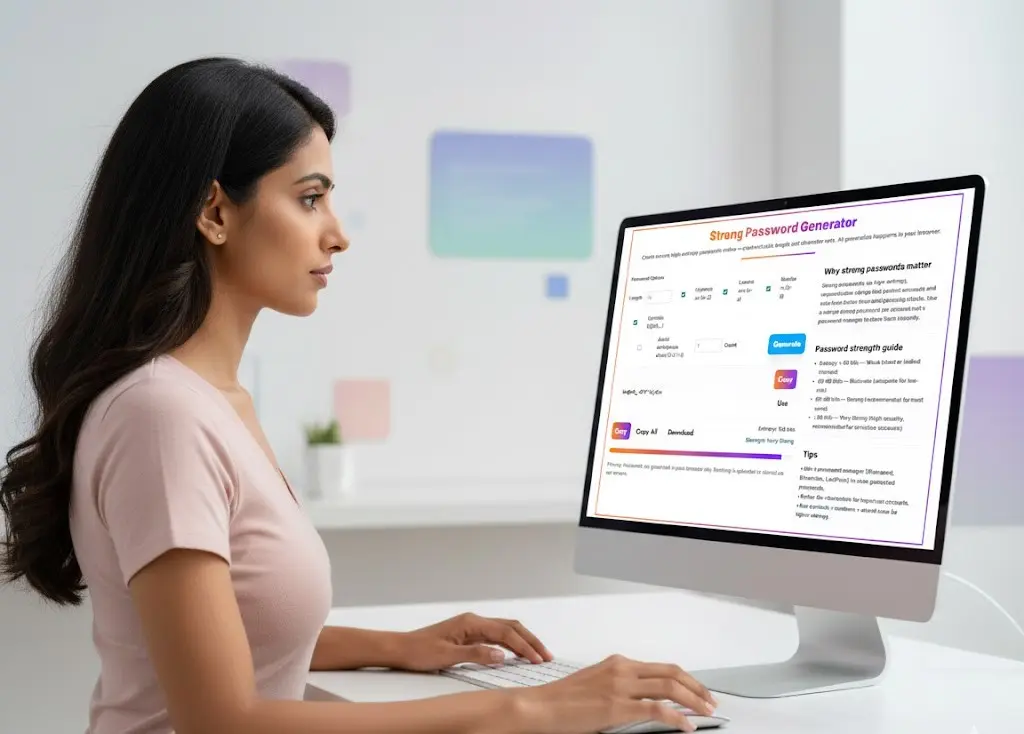 Browser-based strong password generator displayed on screen with a user interacting