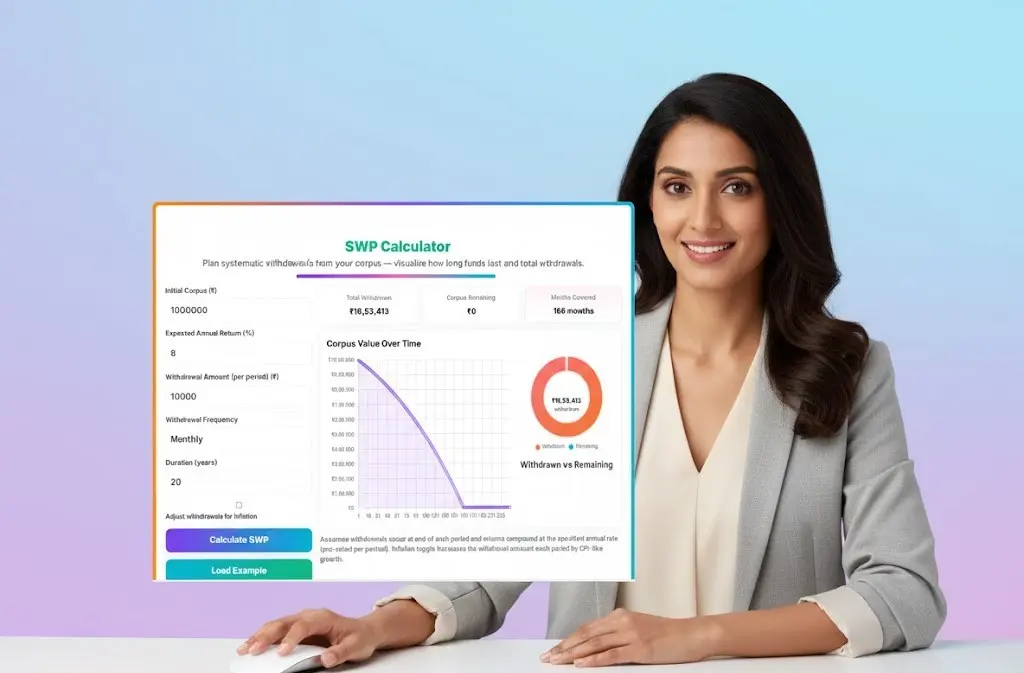 Systematic Withdrawal Plan tool with gradient design — visual chart of corpus value, donut of withdrawn vs remaining and result cards