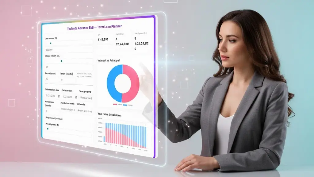 Woman interacting with a futuristic digital advance EMI calculator interface displaying charts and loan analysis.
