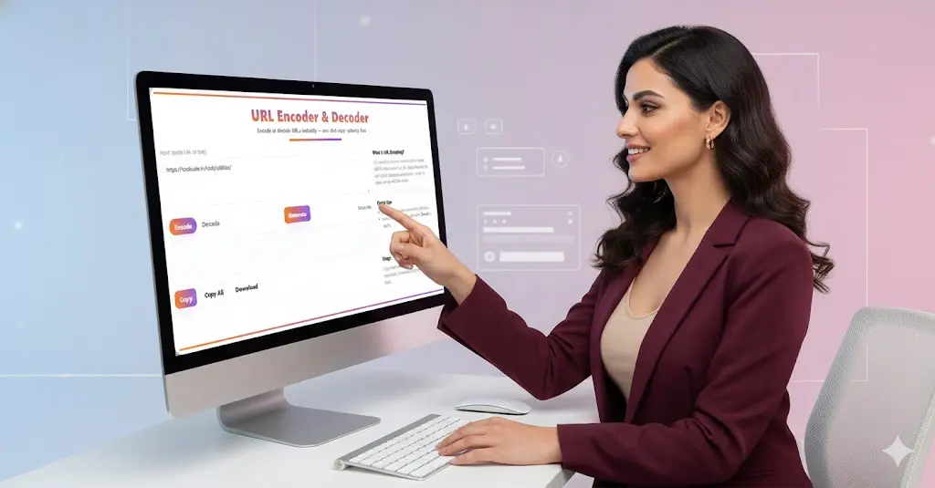 A user interacting with the URL Encoding Decoding tool on a desktop monitor, illustrating the process of preparing web data for accurate use.