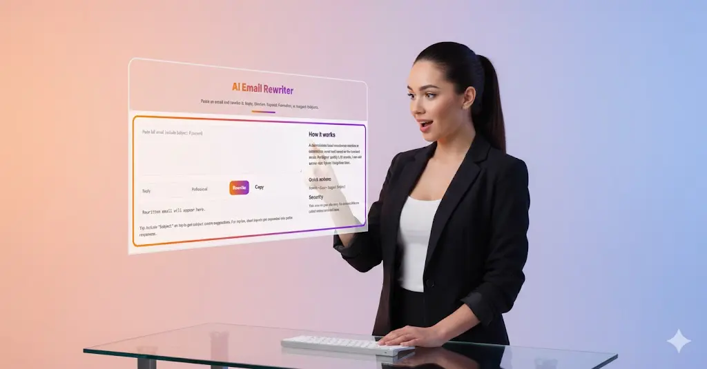 Woman pointing to a display showing the output of the AI Email Rewriter, illustrating a successful rewrite and subject suggestion.