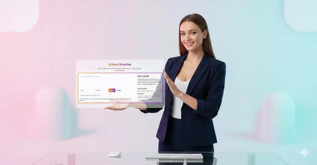 Professional woman presenting the main interface of the AI Email Rewriter showing input, modes, and output sections.