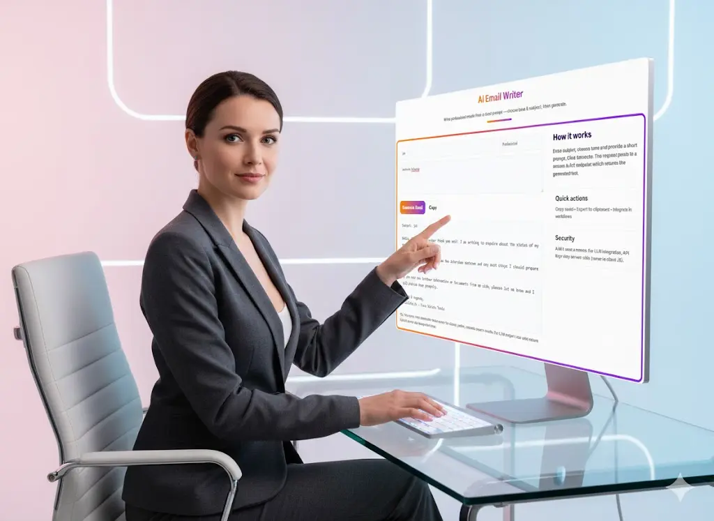 User interface of the professional email writer demonstrating options to shorten email, expand email, and generate suggested subject lines.