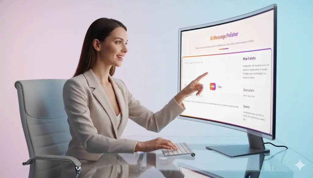 Professional woman interacting with the brightly highlighted AI Message Polisher tool on a curved desktop monitor.