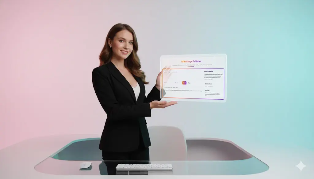 Businesswoman standing and presenting the polished output from the AI Message Polisher on a transparent digital display.