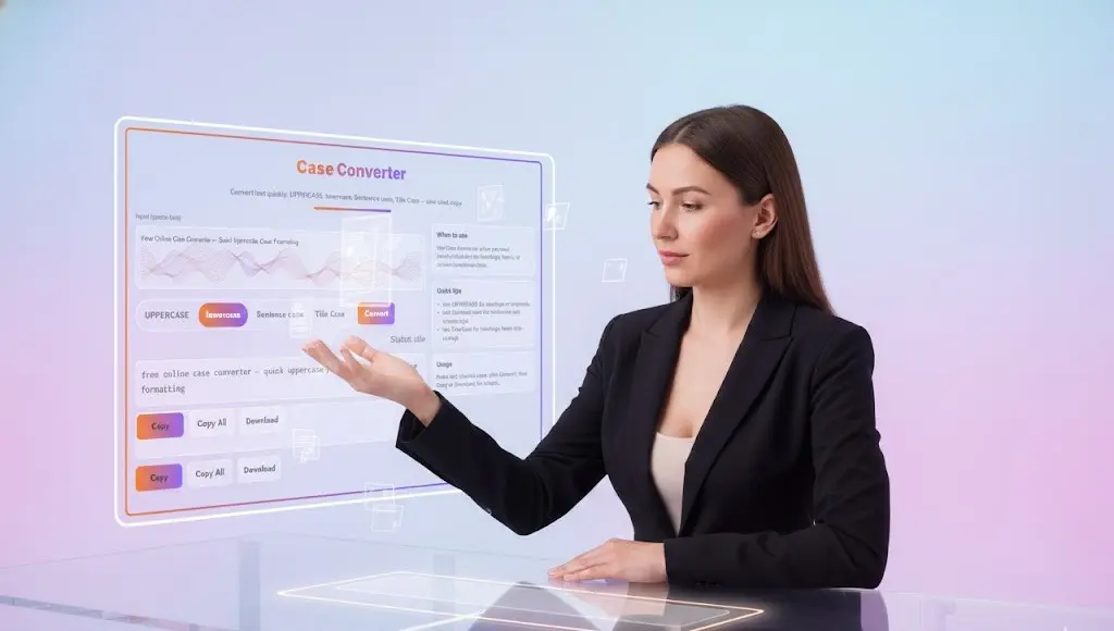 Professional woman in a clean, high-tech office using a full-screen abstract calculator tool on a computer