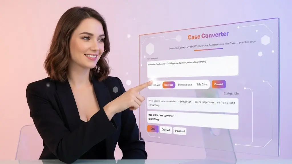 Professional woman pointing out features on a full-screen, glowing abstract calculator interface displayed on her large computer screen."